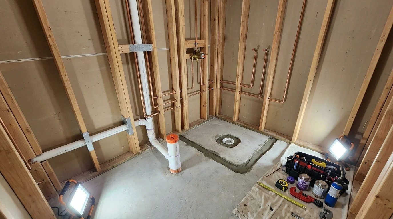 Bathroom rough-in plumbing during remodel by Johns Plumbing LLC in Fitzwilliam