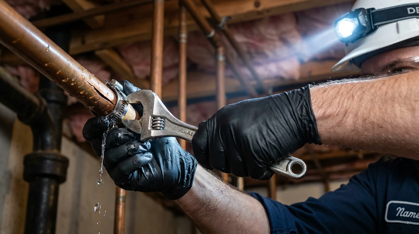 Emergency pipe clamp repair being performed by a Johns Plumbing LLC plumber in Fitzwilliam