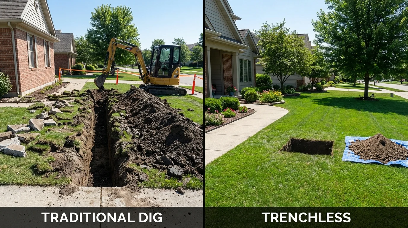 Trenchless sewer repair with minimal yard damage versus traditional excavation in Fitzwilliam, NH