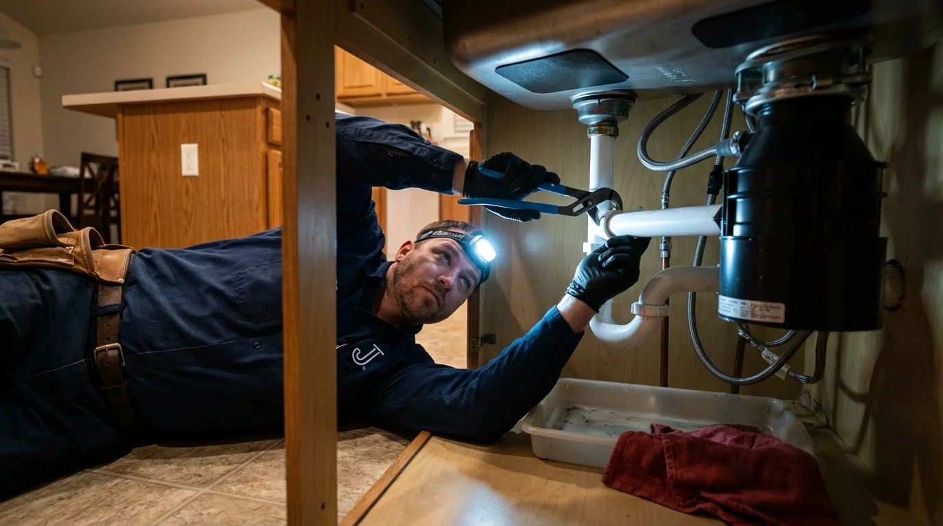 P-trap and supply line connections under a kitchen sink showing a common leak point in Fitzwilliam, NH
